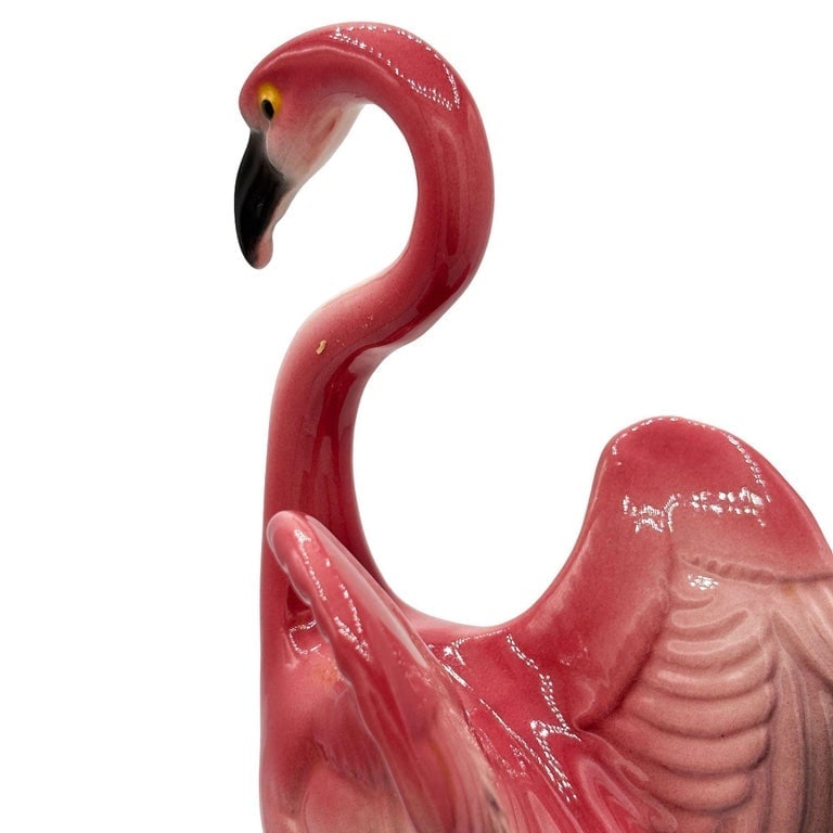 Mid-century 11" Tall Open Wing Pink Flamingo Ceramic Tabletop Statue, Pair - 14