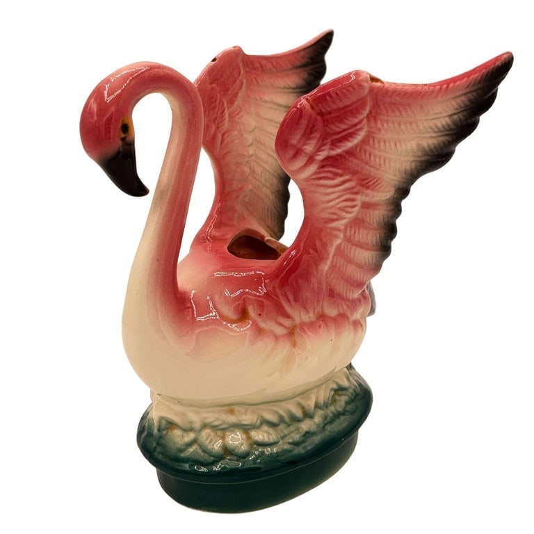 Mid-century California Pottery Ceramic Pink Flamingo Table Planter w/ Dark Base - 2