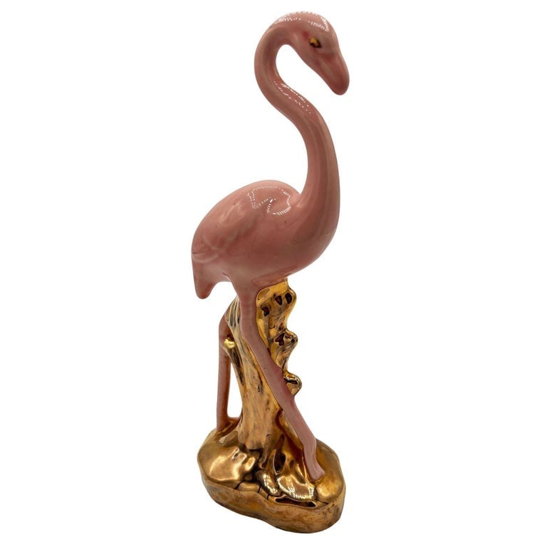 Mid-century Ceramic Fancy Bird Pink and Gold Flamingo Tabletop Statue - 2