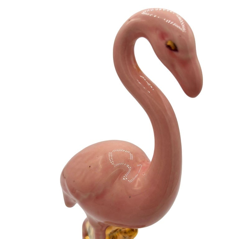 Mid-century Ceramic Fancy Bird Pink and Gold Flamingo Tabletop Statue - 3