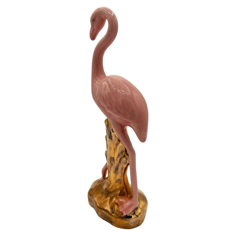 Mid-century Ceramic Fancy Bird Pink and Gold Flamingo Tabletop Statue - 5