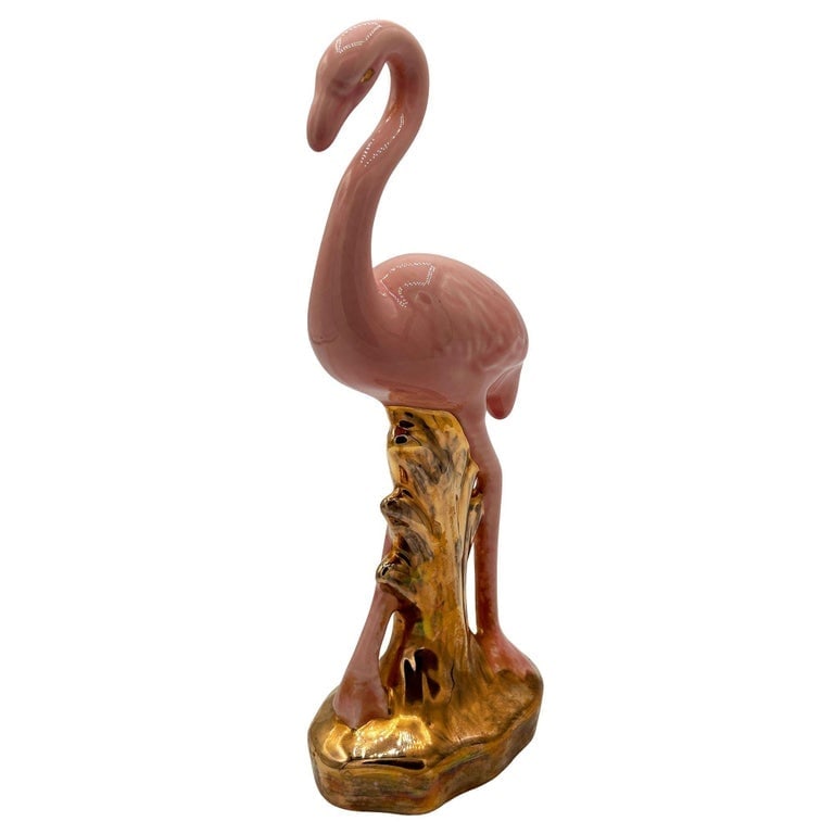 Mid-century Ceramic Fancy Bird Pink and Gold Flamingo Tabletop Statue - 8