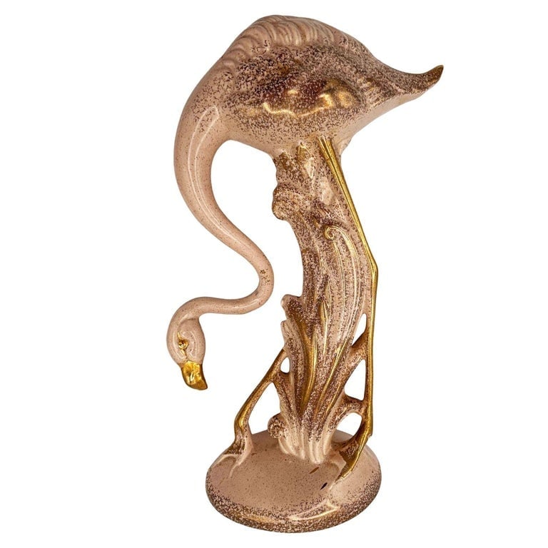 13" Tall Pottery Ceramic Beige Long-legged Flamingo Figurine, 1970 - 2