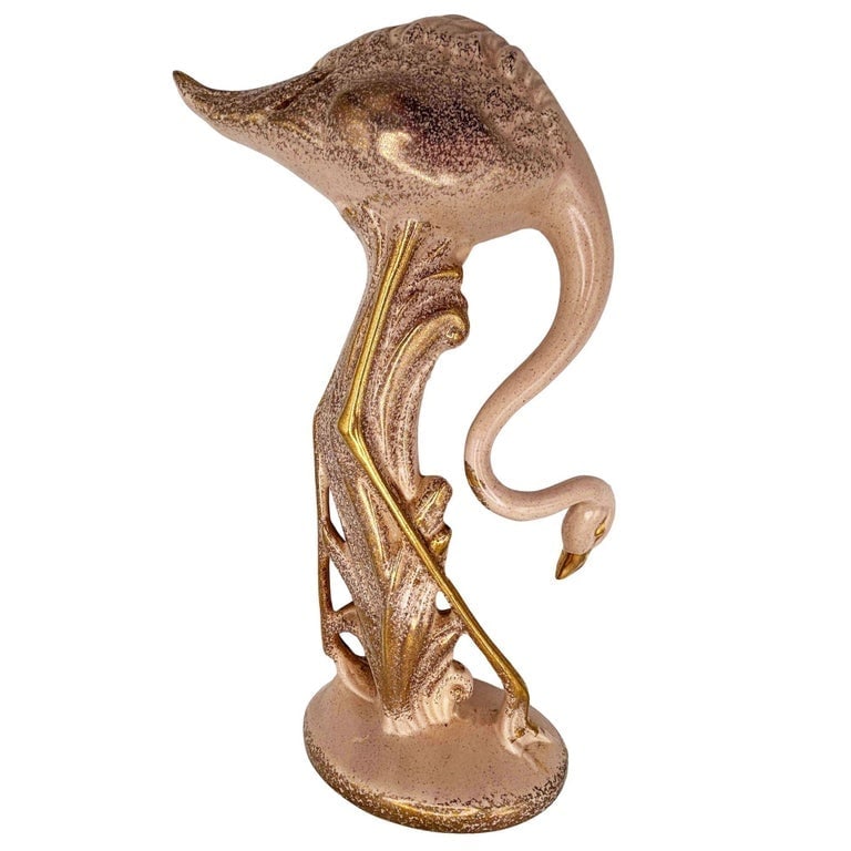 13" Tall Pottery Ceramic Beige Long-legged Flamingo Figurine, 1970 - 3