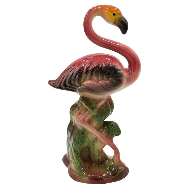 Large 10" MCM Ceramic Hand Painted Flamingo Flower Table Planter, California: Large 10" Tall Mid-century pink and green ceramic flamingo tabletop California planter. The planter features a beautifully detailed pink flamingo resting on a lush green grassy field. It comes in a