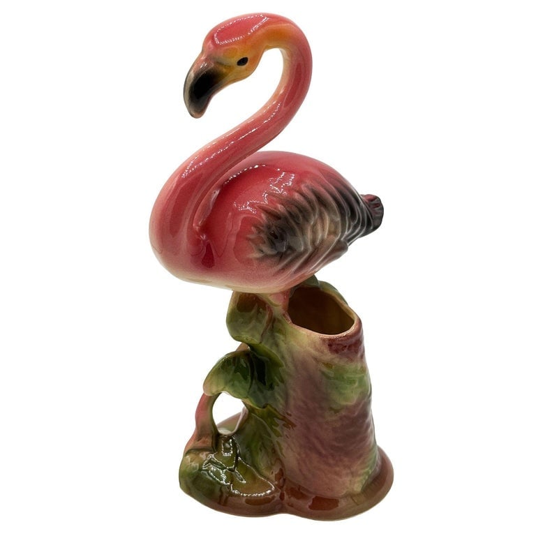 Large 10" MCM Ceramic Hand Painted Flamingo Flower Table Planter, California - 5