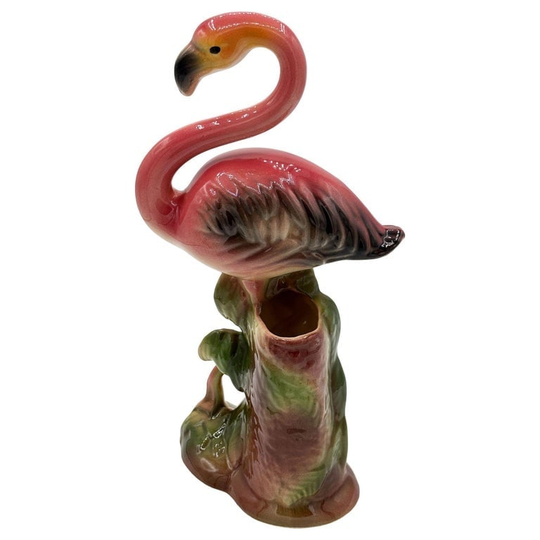 Large 10" MCM Ceramic Hand Painted Flamingo Flower Table Planter, California - 6