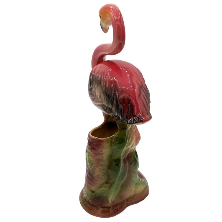 Large 10" MCM Ceramic Hand Painted Flamingo Flower Table Planter, California - 7