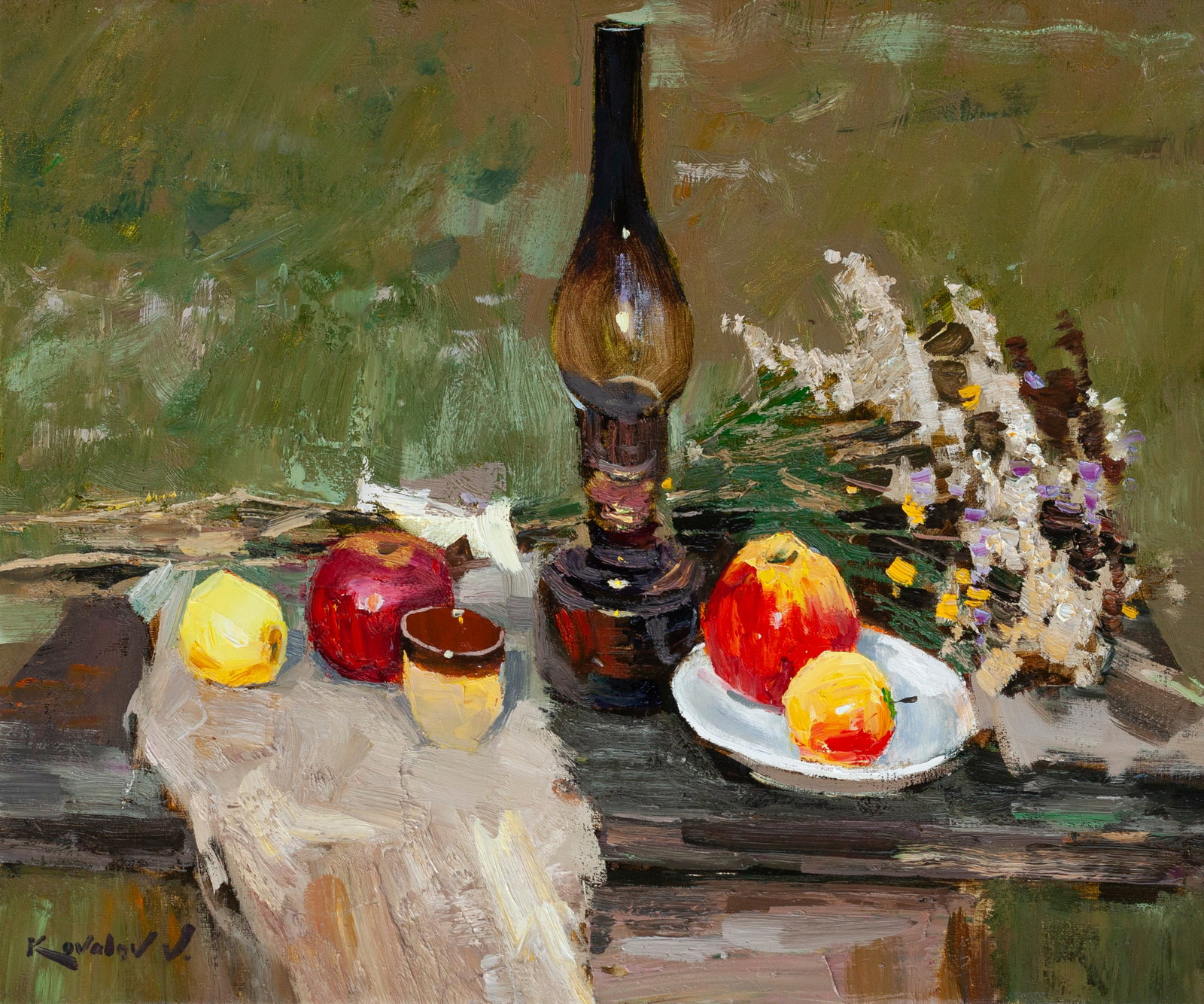 Oil painting Autumn bouquet and lamp Kovaliov V.: Title: Oil painting Autumn bouquet and lamp Kovaliov V. Description: 3KV Painter: Kovaliov V. S?ze: 50x60 cm/19.7x23.6 inches Components: oil, canvas Original painting from our collection ERA: 2019 Sh
