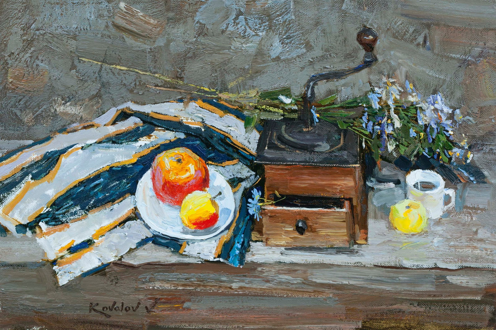 Oil painting Autumn coffee Kovaliov V.: Title: Oil painting Autumn coffee Kovaliov V. Description: 7KV Painter: Kovaliov V. S?ze: 40x60 cm/15.7x23.6 inches Components: oil, canvas Original painting from our collection ERA: 2019 Short inform