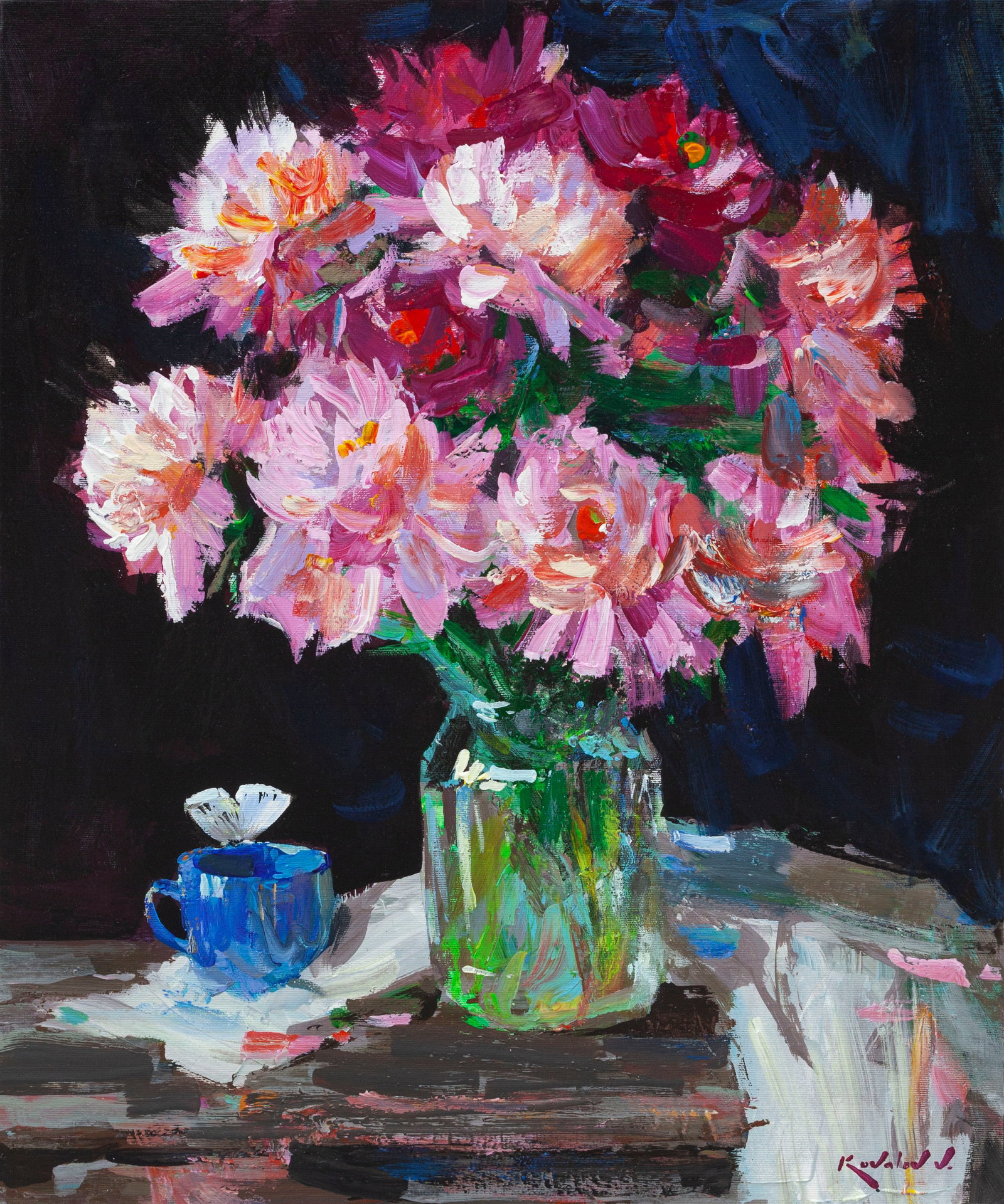 Oil painting Flowers on dark background Ukrainian Artist: Title: Oil painting Flowers on dark background Ukrainian Artist Description: 29KV Painter: Kovaliov V. S?ze: 60x50 cm/23.6x19.7 inches Components: acrylic, canvas Original painting from our