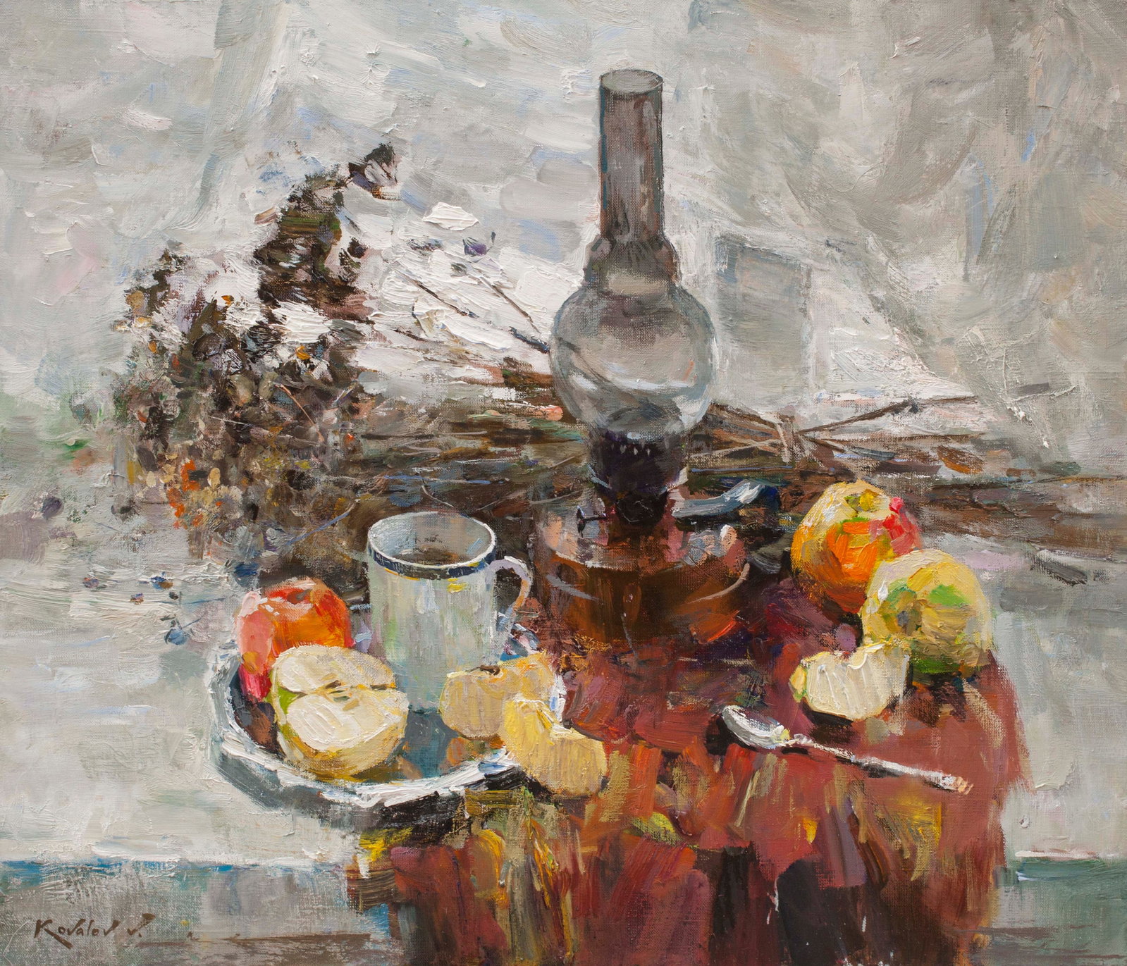 Oil painting On the window Ukrainian Artist: Title: Oil painting On the window Ukrainian Artist Description: 43KV Painter: Kovaliov V. S?ze: 60x70 cm/23.6x27.6 inches Components: oil, canvas Original painting from our collection ERA: 2018 Short 