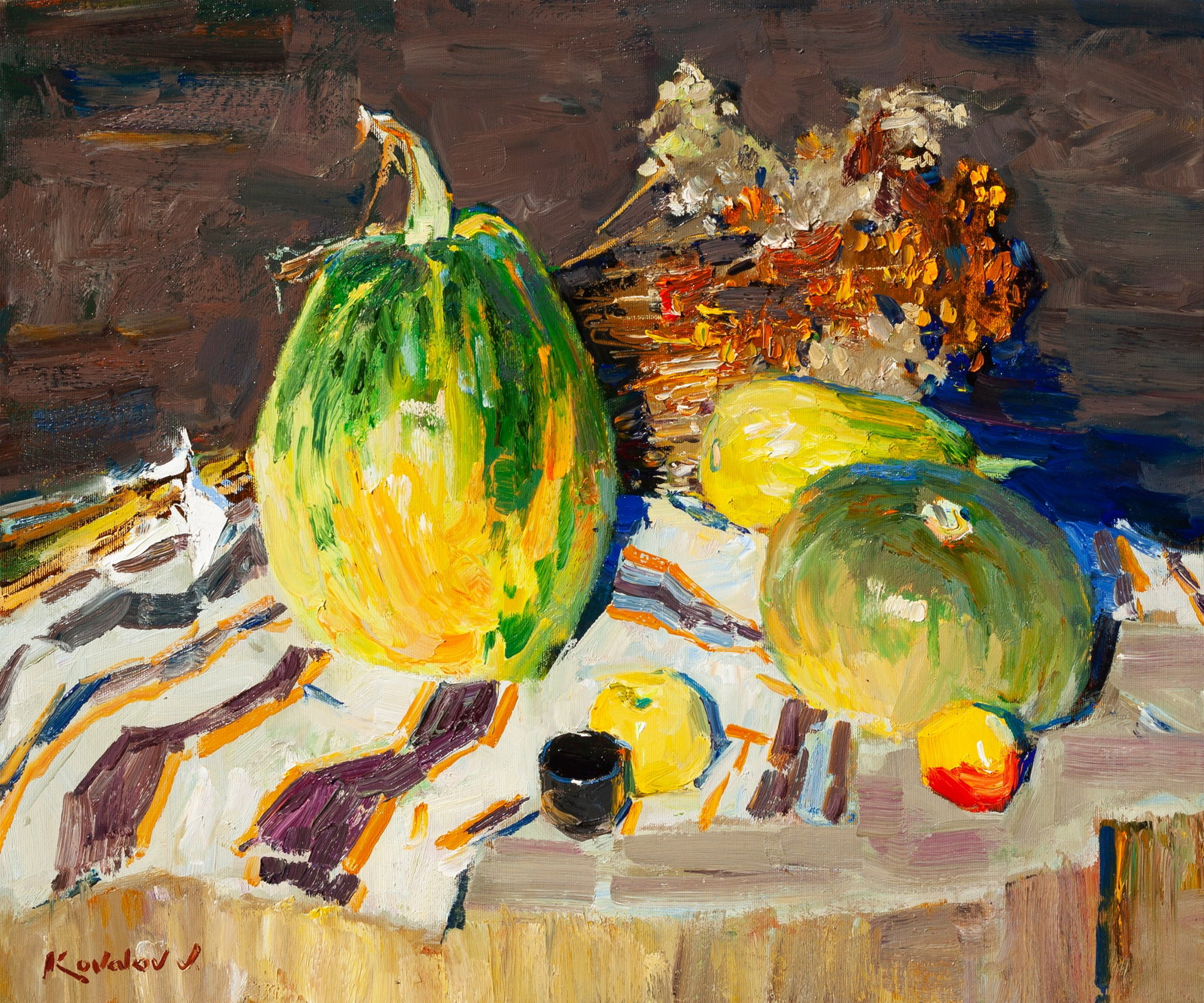 Oil painting Pumpkins in the sun Ukrainian Artist: Title: Oil painting Pumpkins in the sun Ukrainian Artist Description: 48KV Painter: Kovaliov V. S?ze: 50x60 cm/19.7x23.6 inches Components: oil, canvas Original painting from our collection ERA: 2019 