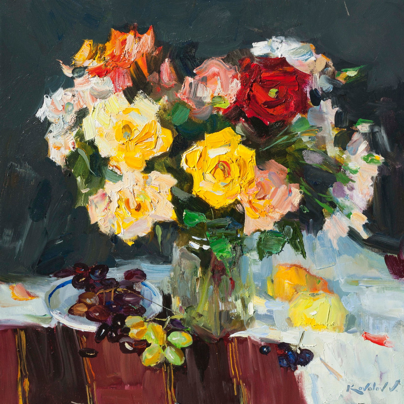 Oil painting Rose and grape Ukrainian Artist: Title: Oil painting Rose and grape Ukrainian Artist Description: 51KV Painter: Kovaliov V. S?ze: 50x50 cm/19.7x19.7 inches Components: oil, canvas Original painting from our collection ERA: 2019