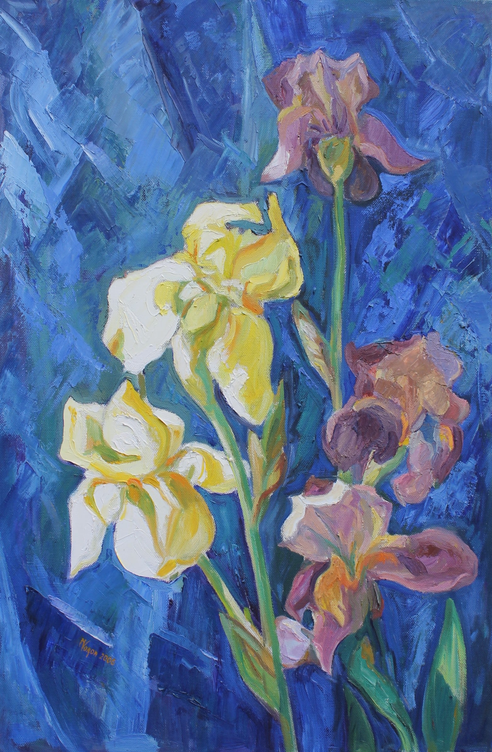 Oil painting Irises on a blue background Maria Voloschak: Title: Oil painting Irises on a blue background Maria Voloschak Description: 09Vor Painter: Maria Voloschak S?ze: 60x40 cm/23,62x15,75 inches Components: oil, canvas Original painting from our collect