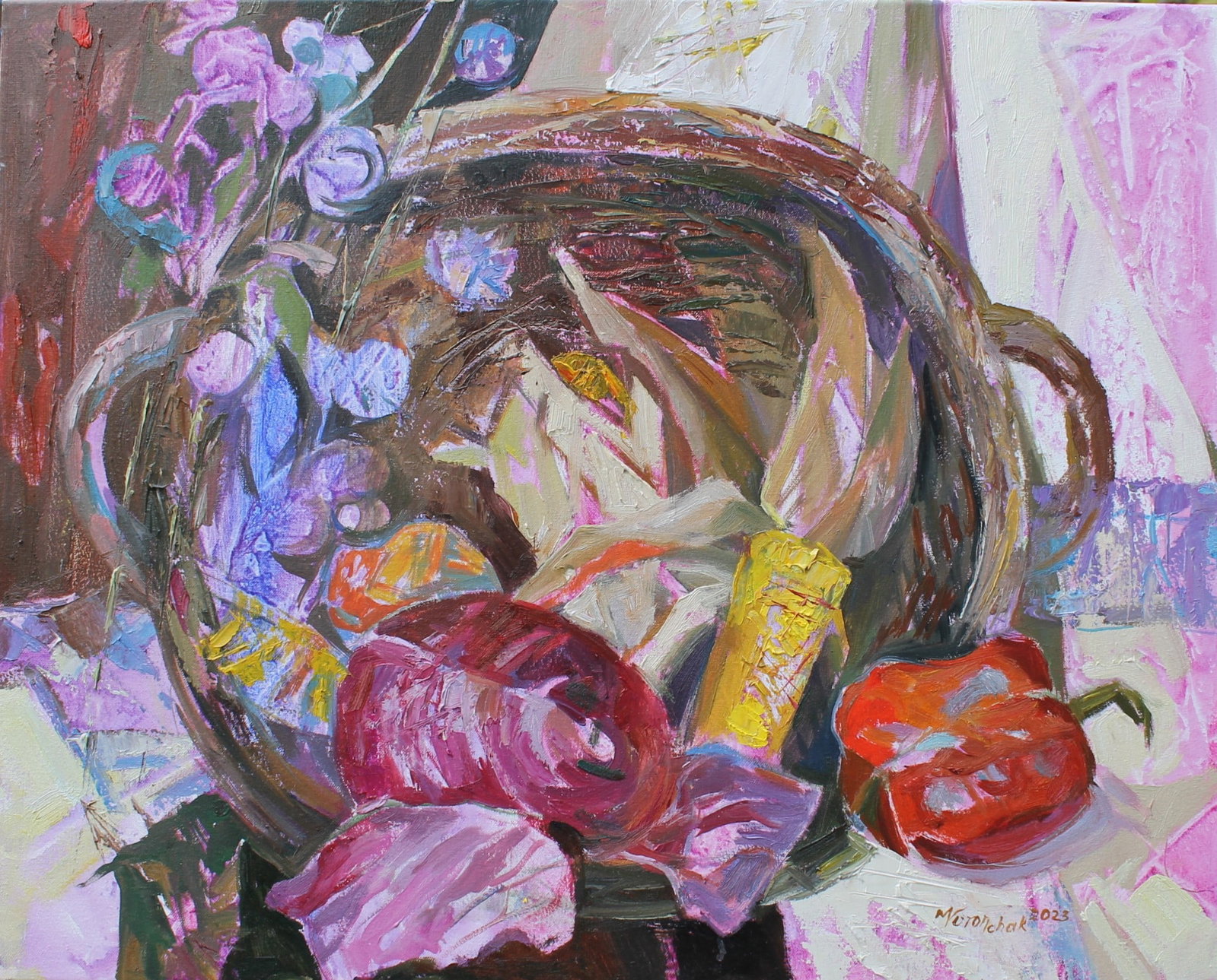 Oil acrylic painting Still life with a basket Maria Voloschak: Title: Oil acrylic painting Still life with a basket Maria Voloschak Description: 15Vor Painter: Maria Voloschak S?ze: 40x50 cm/15,75x19,68 inches Components: oil, acrylic, canvas Original painting fr