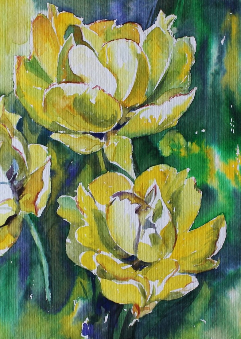 Watercolor painting Yellow tulips Maria Voloschak: Title: Watercolor painting Yellow tulips Maria Voloschak Description: 22Vor Painter: Maria Voloschak S?ze: 30x40 cm/11,81x15,74 inches Components: watercolor, paper Original painting from our