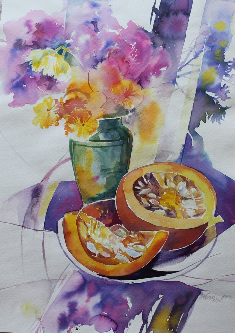 Watercolor painting Still life with pumpkin Maria Voloschak: Title: Watercolor painting Still life with pumpkin Maria Voloschak Description: 23Vor Painter: Maria Voloschak S?ze: 30x40 cm/17,71x12,59 inches Components: watercolor, paper Original painting from
