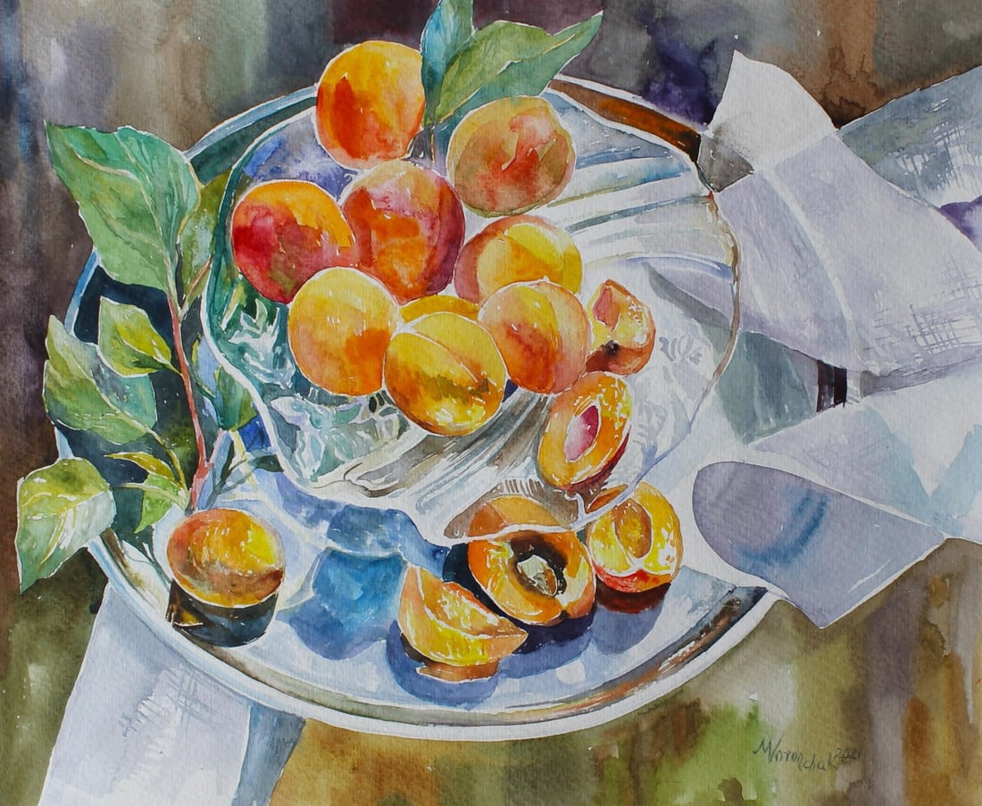 Watercolor painting Still life with peaches Maria Voloschak: Title: Watercolor painting Still life with peaches Maria Voloschak Description: 26Vor Painter: Maria Voloschak S?ze: 32x38 cm/12,59x14,96 inches Components: watercolor, paper Original painting from ou