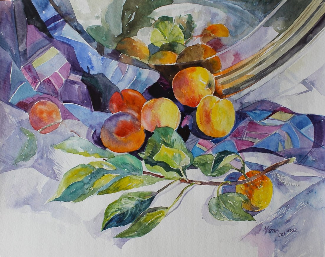 Watercolor painting Still life with apricots Maria Voloschak: Title: Watercolor painting Still life with apricots Maria Voloschak Description: 27Vor Painter: Maria Voloschak S?ze: 32x40 cm/12,59x15,74 inches Components: watercolor, paper Original painting from