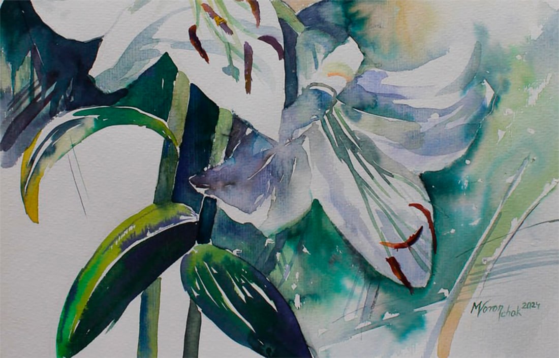 Watercolor painting Still life with lily Maria Voloschak - 7