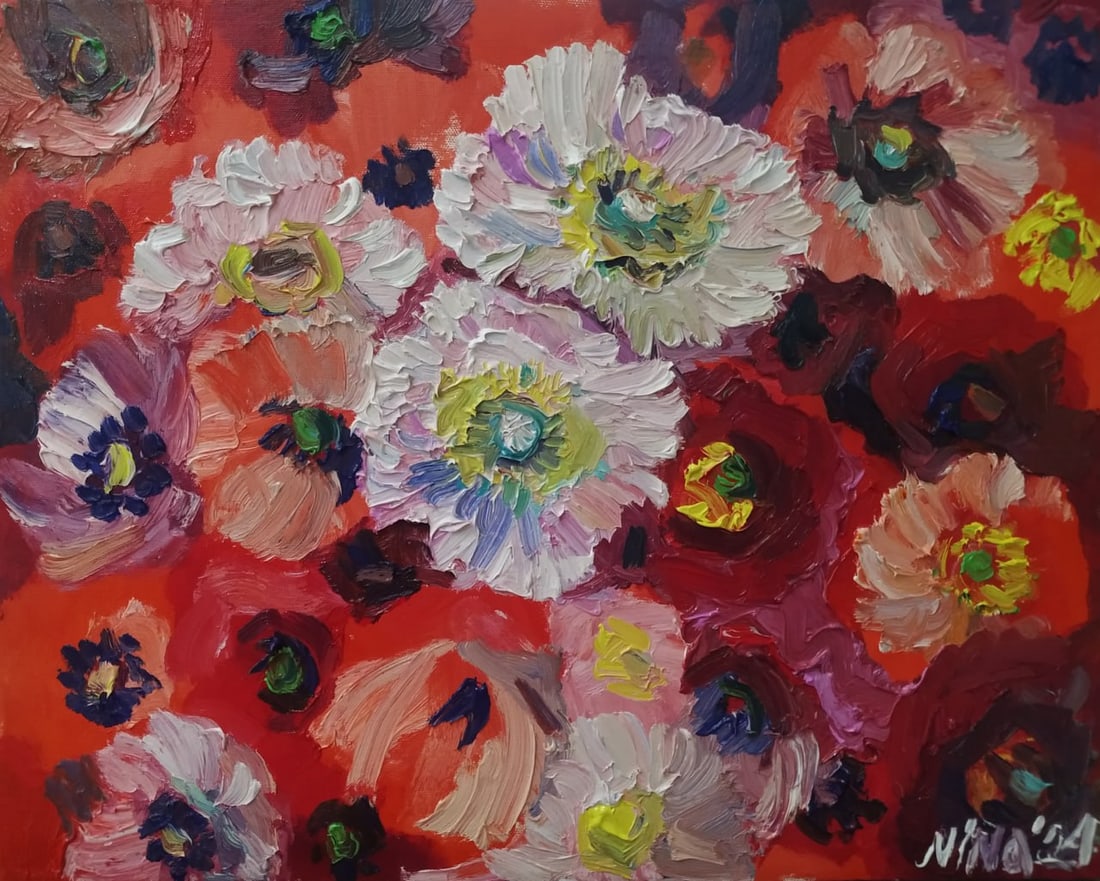 Oil painting Poppies Nina L: Title: Oil painting Poppies Nina L Description: 07Lt Painter: Nina L. S?ze: 40x50 cm/ 15.74x19.68 inches Components: oil, canvas Original painting CONDITION: exellent ERA: 2024 ARTIST: She was born