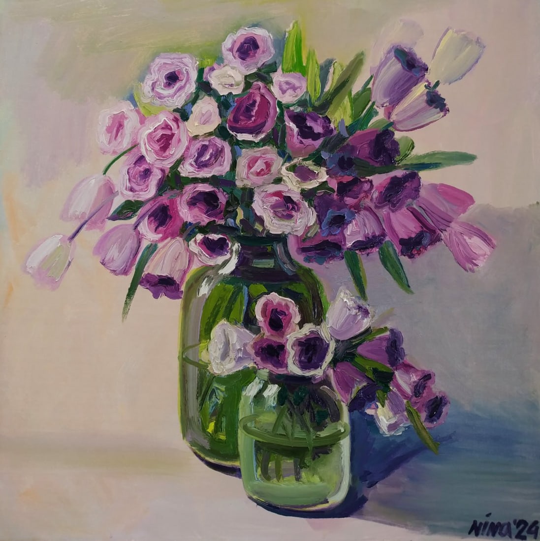 Oil painting Eustoma Nina L: Title: Oil painting Eustoma Nina L Description: 42Lt Painter: Nina L. S?ze: 70x70 cm/ 27.55x27.55 inches Components: oil, canvas Original painting CONDITION: exellent ERA: 2024 ARTIST: She was born on