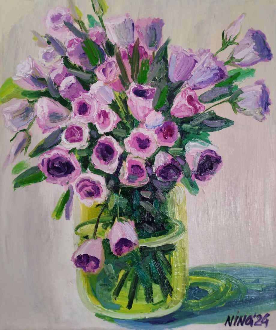 Oil painting Eustoma Nina L: Title: Oil painting Eustoma Nina L Description: 43Lt Painter: Nina L. S?ze: 60x50 cm/ 23.62x19.68 inches Components: oil, canvas Original painting CONDITION: exellent ERA: 2024 ARTIST: She was born