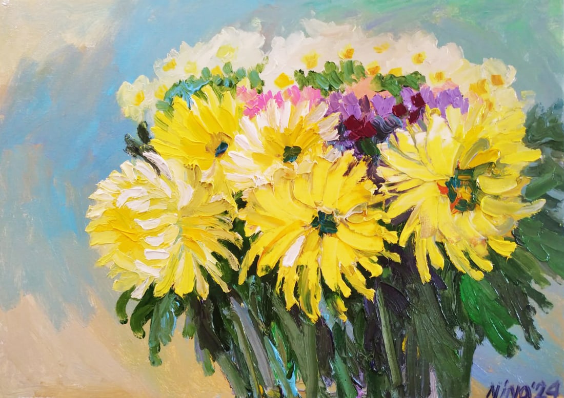 Oil painting Chrysanthemums Nina L: Title: Oil painting Chrysanthemums Nina L Description: 46Lt Painter: Nina L. S?ze: 50x70 cm/ 19.68x27.55 inches Components: oil, canvas Original painting CONDITION: exellent ERA: 2024 ARTIST: She was 