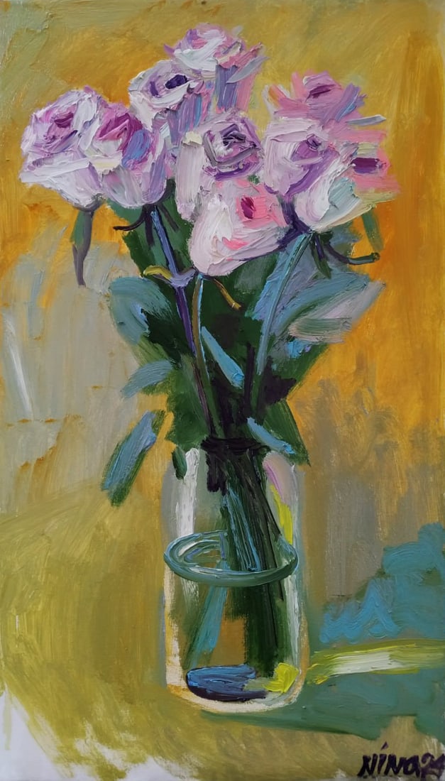 Oil painting Roses Nina L: Title: Oil painting Roses Nina L Description: 52Lt Painter: Nina L. S?ze: 70x40 cm/ 27.55x19.68 inches Components: oil, canvas Original painting CONDITION: exellent ERA: 2024 ARTIST: She was born on