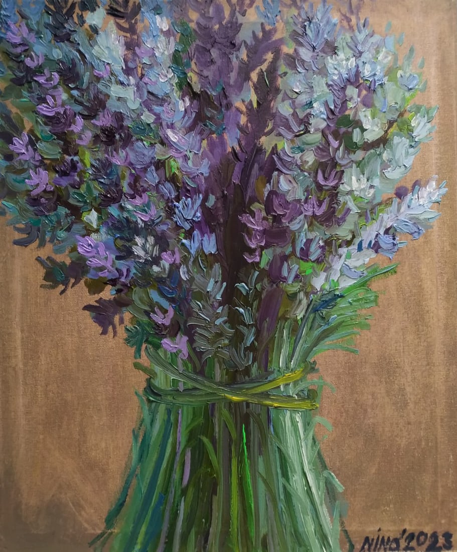 Oil painting Lavender Nina L: Title: Oil painting Lavender Nina L Description: 89Lt Painter: Nina L. S?ze: 60x50 cm/ 23.62x19.68 inches Components: oil, canvas Original painting CONDITION: exellent ERA: 2023 ARTIST: She was born