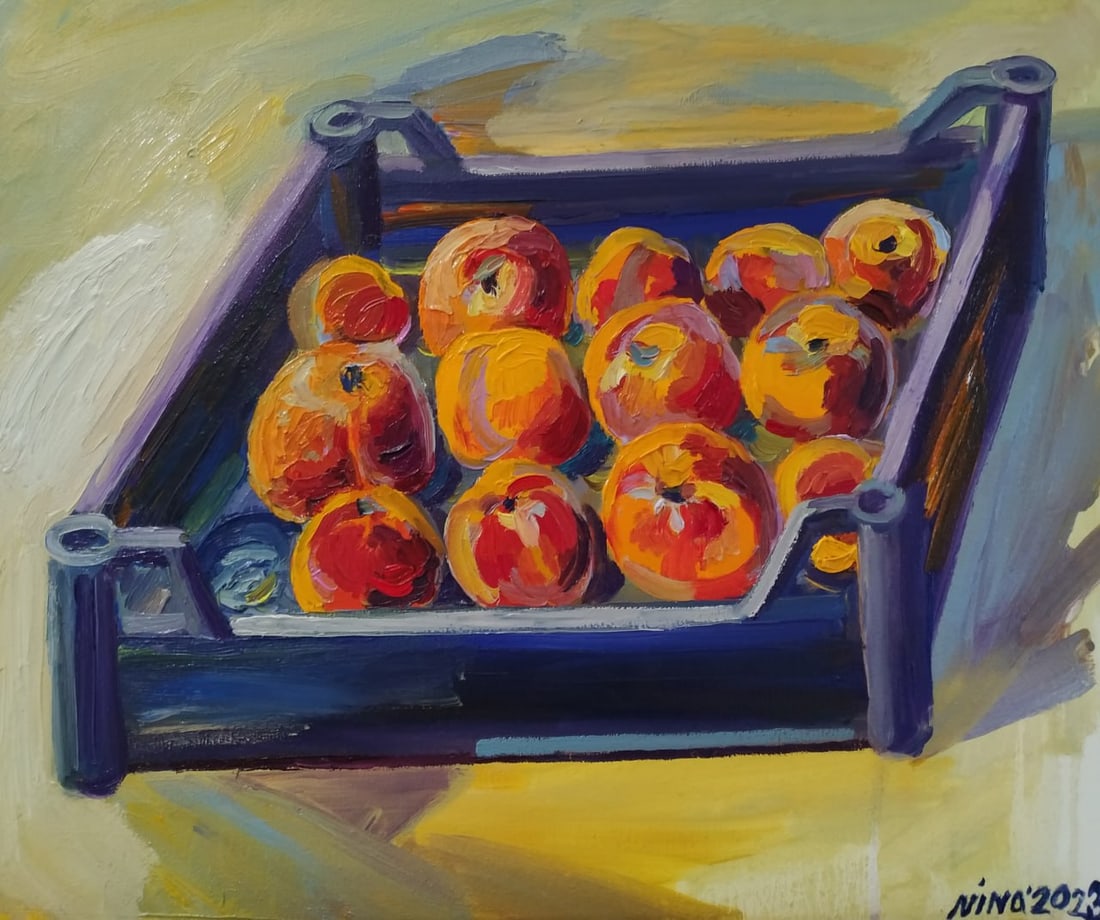 Oil painting A box of peaches Nina L: Title: Oil painting A box of peaches Nina L Description: 94Lt Painter: Nina L. S?ze: 50x60 cm/ 19.68x23.62 inches Components: oil, canvas Original painting CONDITION: exellent ERA: 2023 ARTIST: She wa