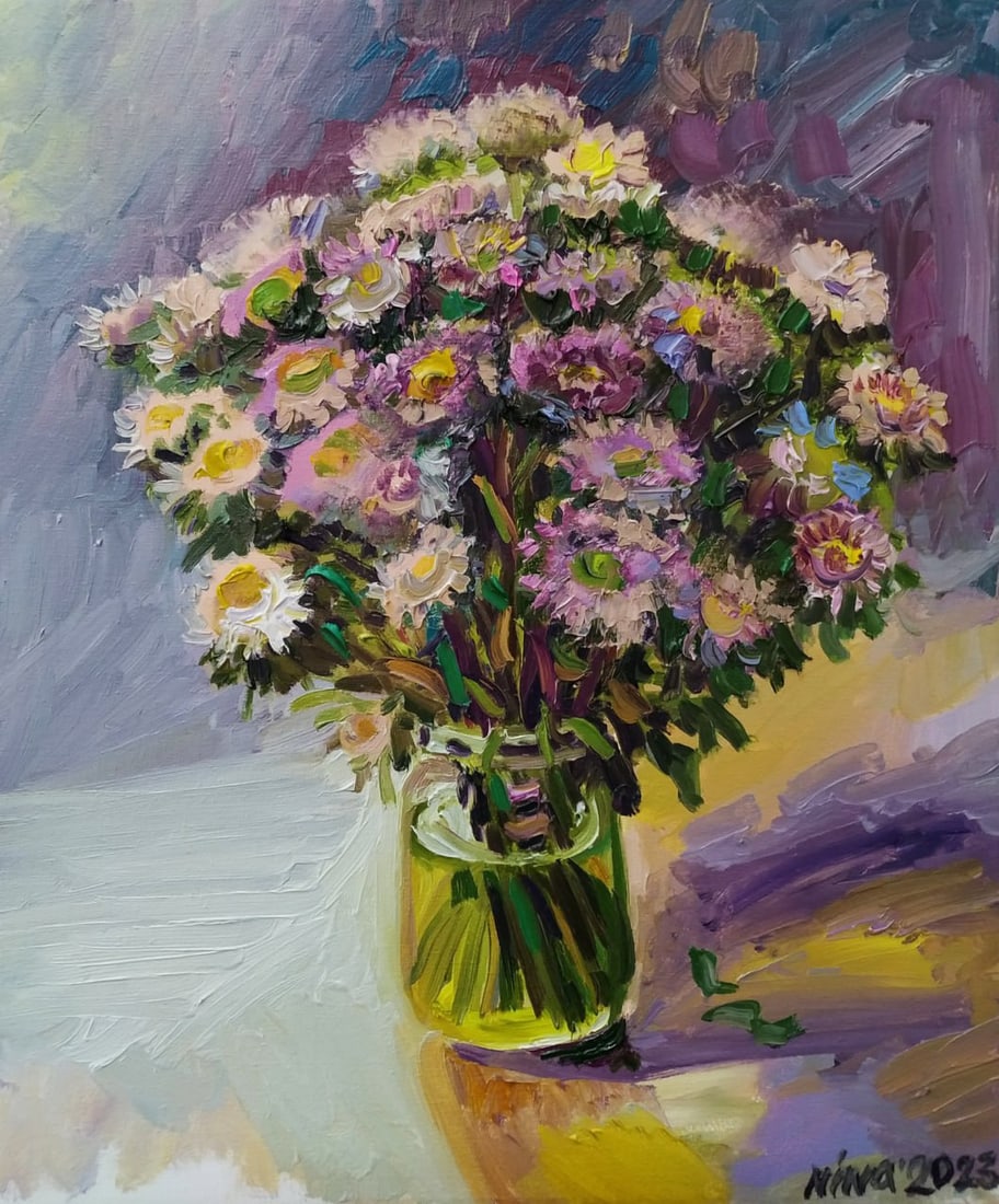 Oil painting Asters Nina L: Title: Oil painting Asters Nina L Description: 98Lt Painter: Nina L. S?ze: 60x50 cm/ 23.62x19.68 inches Components: oil, canvas Original painting CONDITION: exellent ERA: 2023 ARTIST: She was born on 
