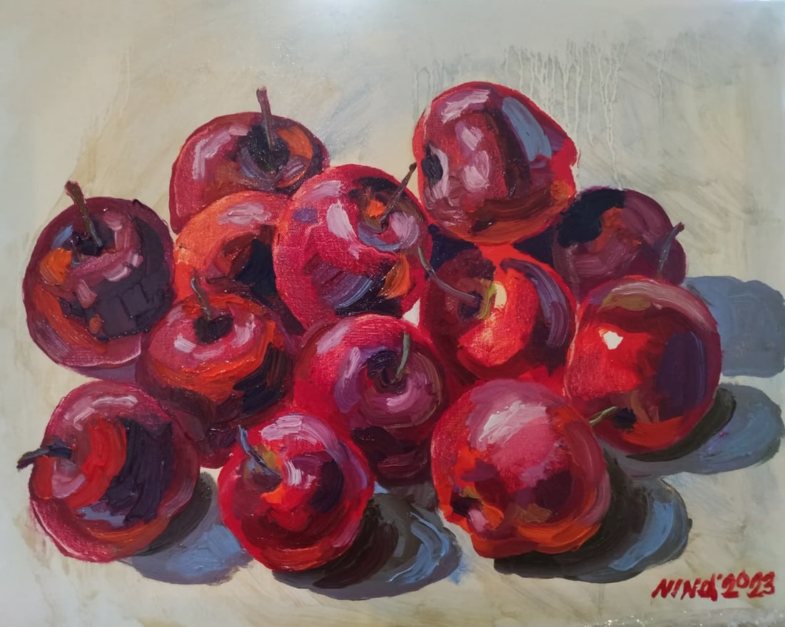 Oil painting Apples Nina L: Title: Oil painting Apples Nina L Description: 106Lt Painter: Nina L. S?ze: 40x50 cm/ 15.74x19.68 inches Components: oil, canvas Original painting CONDITION: exellent ERA: 2023 ARTIST: She was born