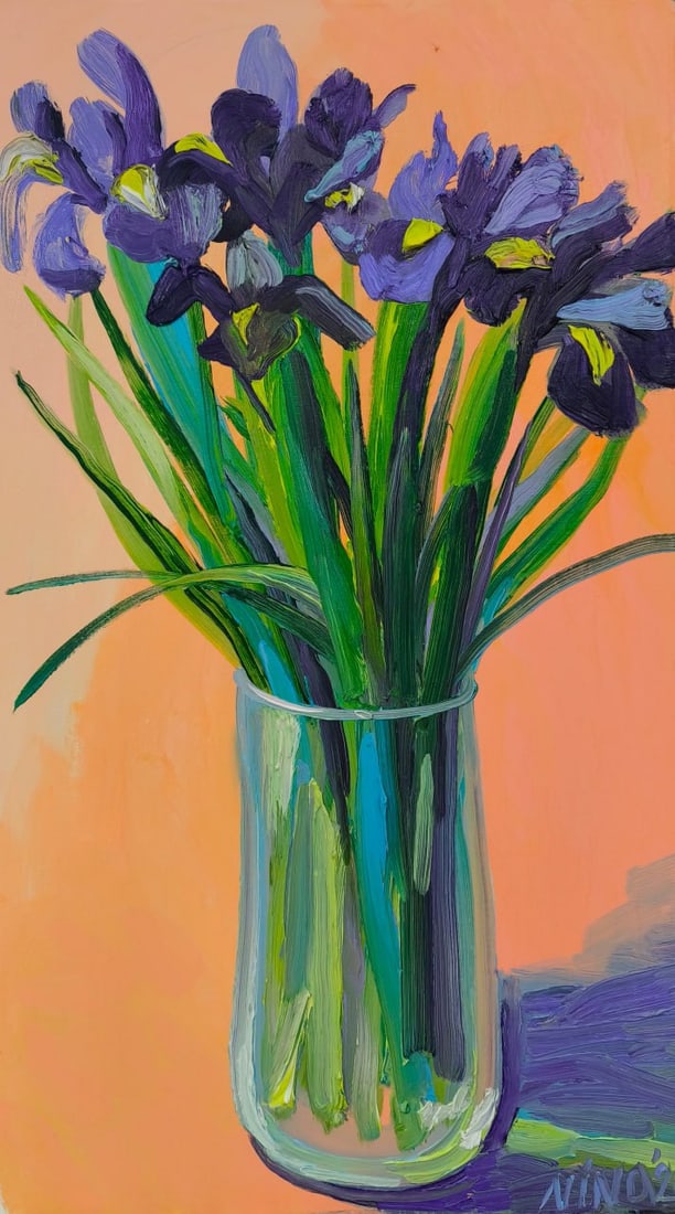 Oil painting Irises Nina L: Title: Oil painting Irises Nina L Description: 123Lt Painter: Nina L. S?ze: 70x40 cm/ 27.55x15.74 inches Components: oil, canvas Original painting CONDITION: exellent ERA: 2025 ARTIST: She was born on