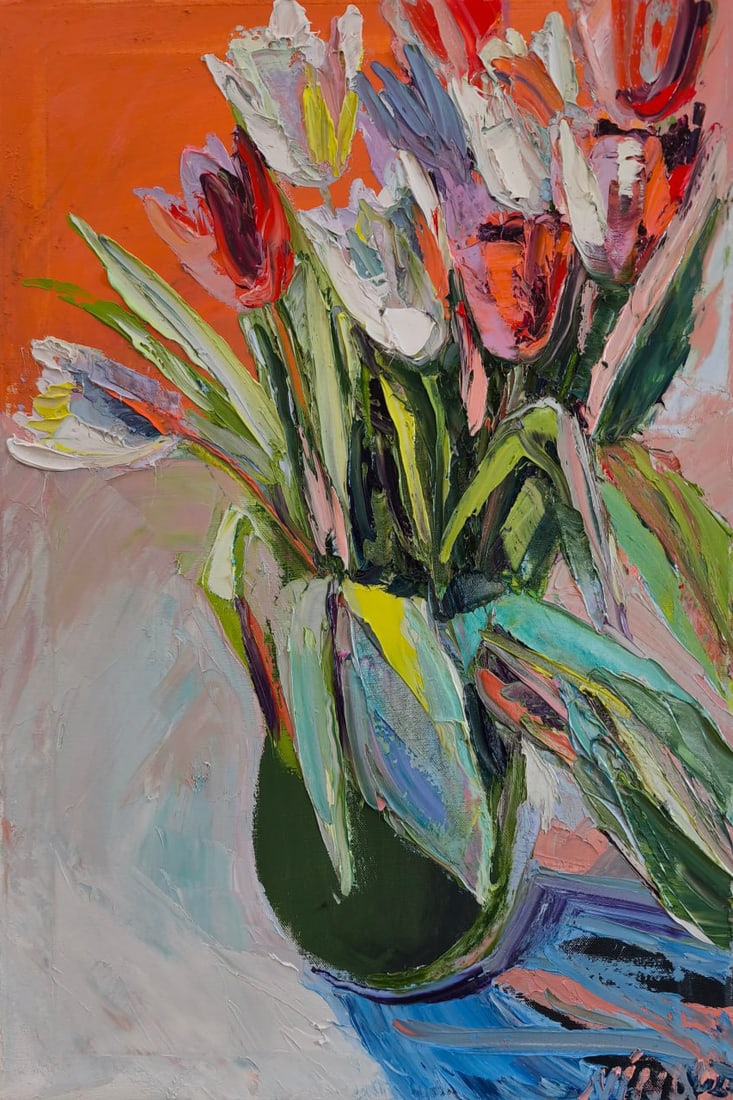 Oil painting Tulips Nina L: Title: Oil painting Tulips Nina L Description: 126Lt Painter: Nina L. S?ze: 60x40 cm/ 23.62x15.74 inches Components: oil, canvas Original painting CONDITION: exellent ERA: 2025 ARTIST: She was born on