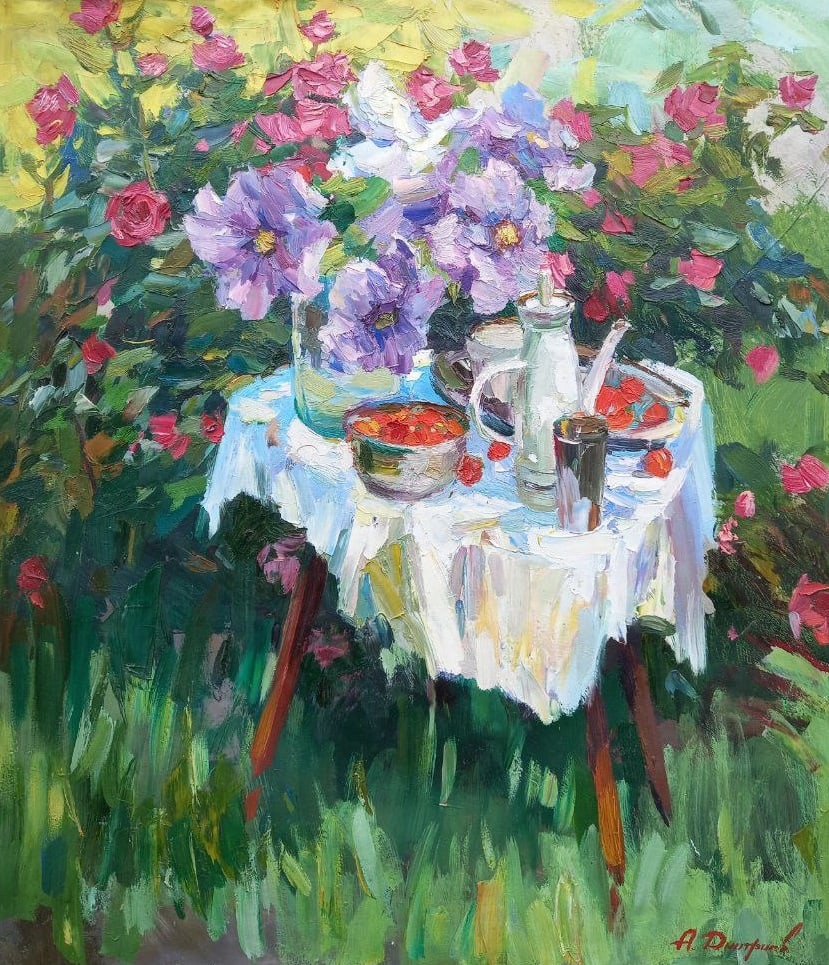 Oil painting Clematis Alex Ditriev: Title: Oil painting Clematis Alex Ditriev Description: 85AD Painter: Alex Ditriev S?ze: 83x73 cm/32.7x28.7 inches Components: oil, canvas Original painting from our collection ERA: Short information: 