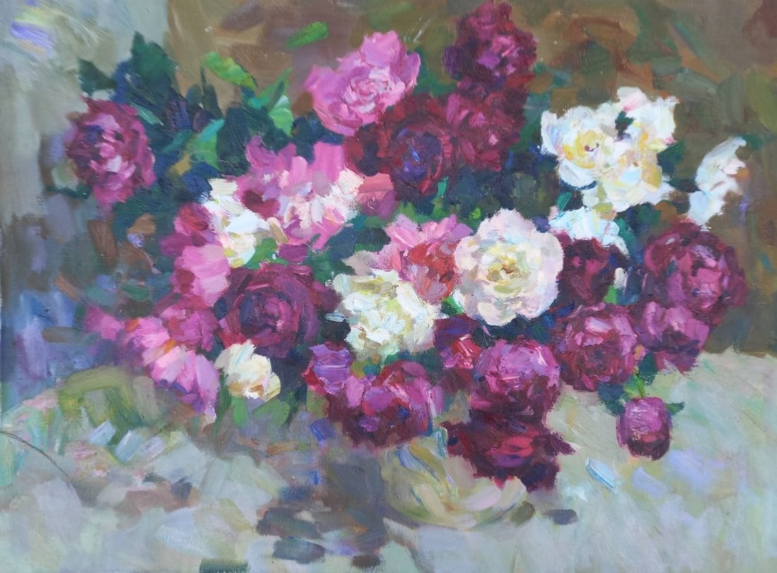 Oil painting Peonies Alex Ditriev: Title: Oil painting Peonies Alex Ditriev Description: 143AD Painter: Alex Ditriev S?ze: 60x80 cm/ 23.6x31.5 inches Components: oil, canvas Original painting from our collection ERA: Short information: