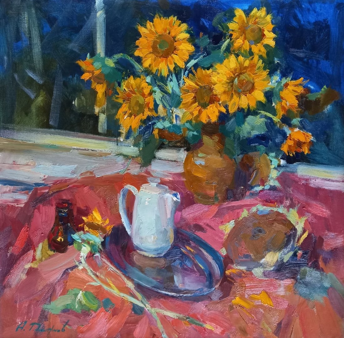 Oil painting Evening sunflowers Alex Ditriev: Title: Oil painting Evening sunflowers Alex Ditriev Description: 239AD Painter: Alex Ditriev S?ze: 80x80 cm/ 31.5x31.5 inches Components: oil, canvas Original painting from our collection ERA: Short i