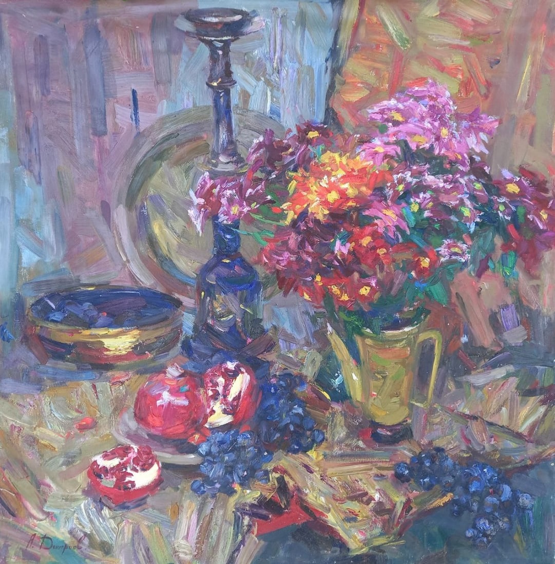 Oil painting Still life with pomegranates Alex Ditriev: Title: Oil painting Still life with pomegranates Alex Ditriev Description: 275AD Painter: Alex Ditriev S?ze: 80x80 cm/ 31.5x31.5 inches Components: oil, canvas Original painting from our collection ER