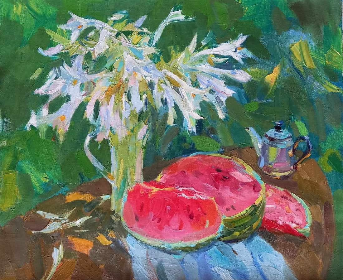 Oil painting Watermelon and lilies Alex Ditriev: Title: Oil painting Watermelon and lilies Alex Ditriev Description: 314AD Painter: Alex Ditriev S?ze: 72x60 cm/ 28.3x23.6 inches Components: oil, canvas Original painting from our collection ERA: