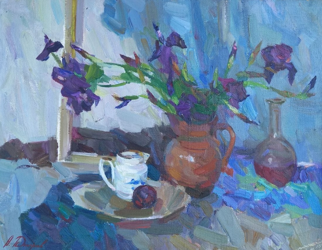 Oil painting Dark irises Alex Ditriev: Title: Oil painting Dark irises Alex Ditriev Description: 350AD Painter: Alex Ditriev S?ze: 85x65 cm/ 33.5x25.6 inches Components: oil, canvas Original painting from our collection ERA: Short informat
