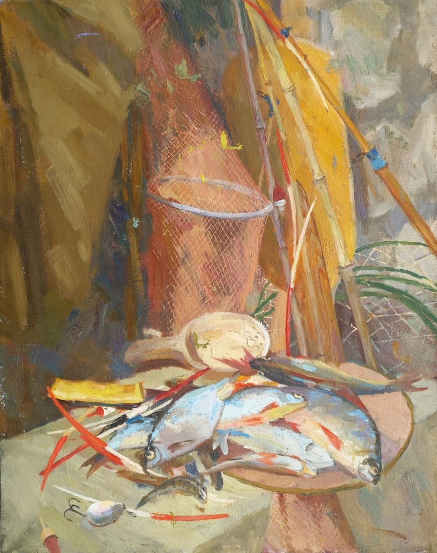 Oil painting Still life with fish Alex Ditriev: Title: Oil painting Still life with fish Alex Ditriev Description: 499AD Painter: Alex Ditriev S?ze:74x58 cm/ 29.13x22.83 inches Components: oil, canvas Original painting from our collection ERA: