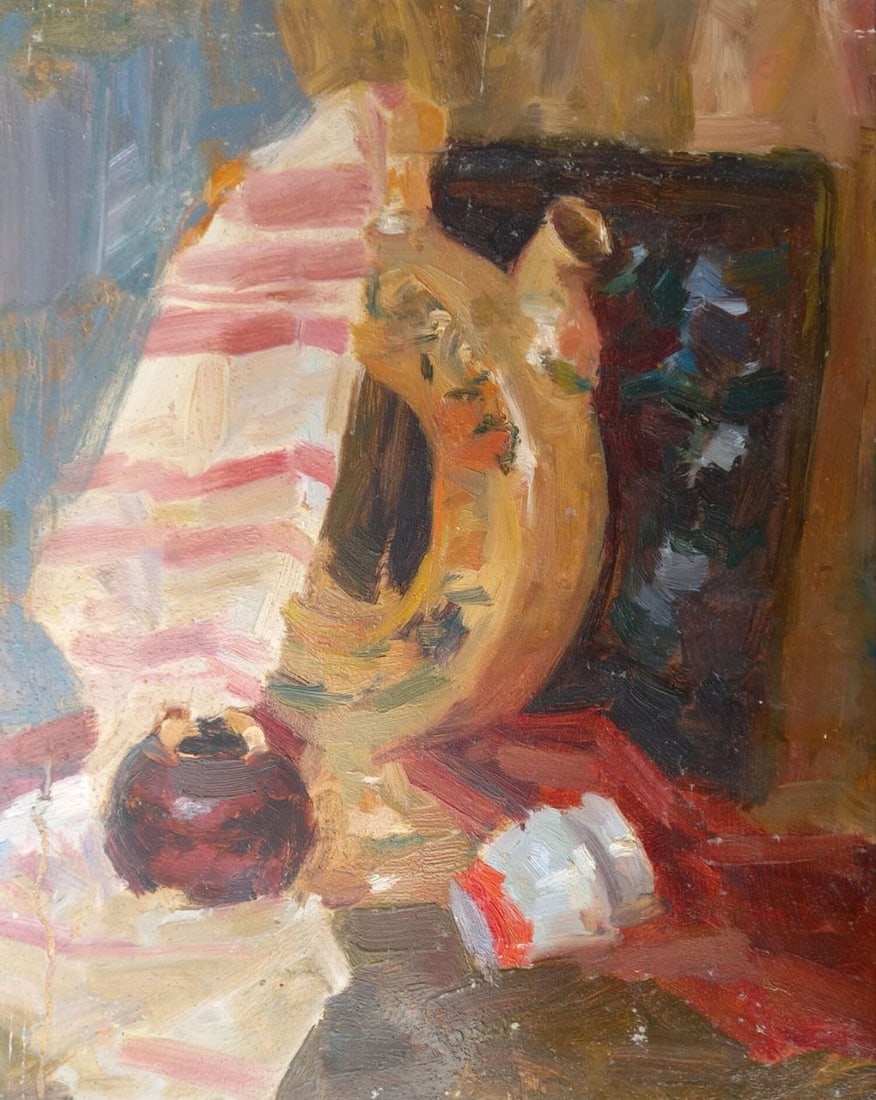 Oil painting Still life with an apple Alex Ditriev: Title: Oil painting Still life with an apple Alex Ditriev Description: 596AD Painter: Alex Ditriev S?ze:41x32 cm/ 16.14x12.60 inches Components: oil, cardboard Original painting from our collection ER