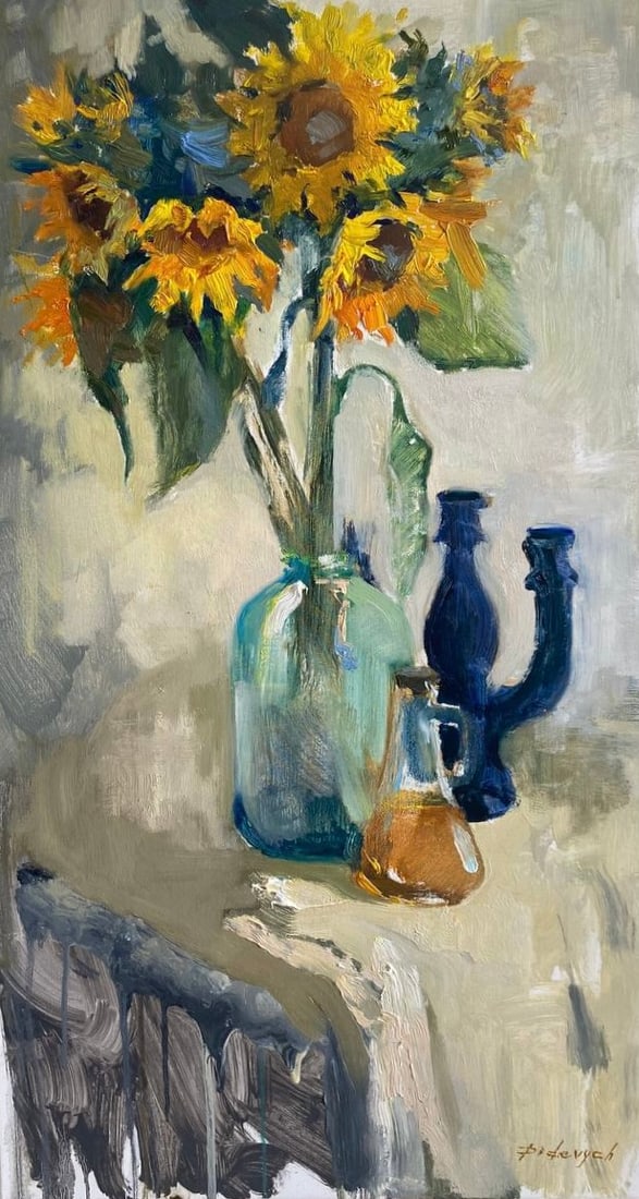 Oil painting Sunflowers Yulia D.: Title: Oil painting Sunflowers Yulia D. Description: 34YD Painter: Yulia D. S?ze: 90x50 cm/35.43x19.68 inches Components: oil, canvas Original painting from our collection ERA: 2024 Short