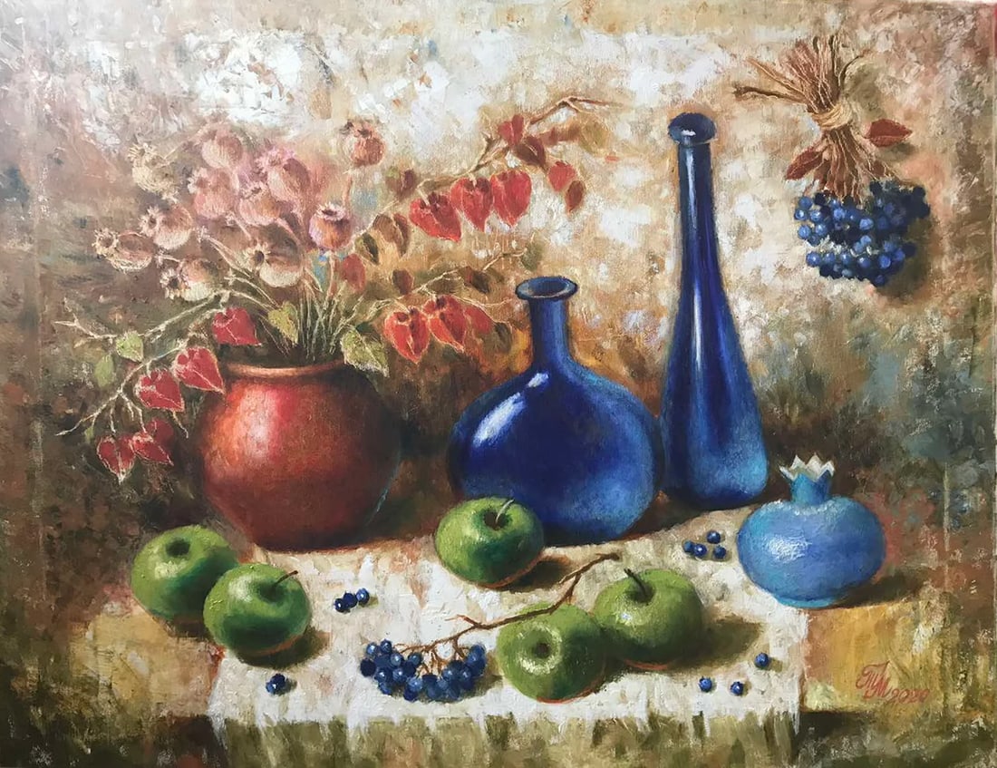 Oil painting Apple still life Maria Mitrick: Title: Oil painting Apple still life Maria Mitrick Description: 05MITR Painter: Maria Mitrick S?ze: 60x75 cm/ 23.6x29.5 inches Components: oil, canvas Original painting CONDITION: exellent ERA: 2020 A