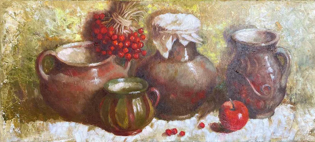 Oil painting Pitchers Maria Mitrick: Title: Oil painting Pitchers Maria Mitrick Description: 15MITR Painter: Maria Mitrick S?ze: 25x58 cm/ 9.8x22.8 inches Components: oil, canvas Original painting CONDITION: exellent ERA: 2021 ARTIST: