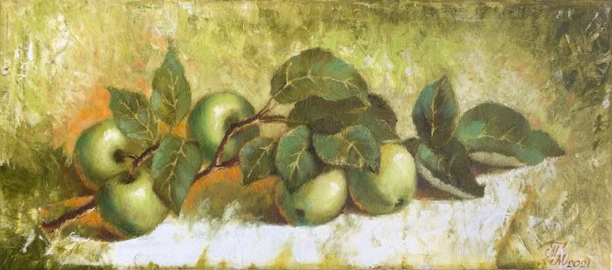 Oil painting Fresh apples Maria Mitrick: Title: Oil painting Fresh apples Maria Mitrick Description: 16MITR Painter: Maria Mitrick S?ze: 25x58 cm/ 9.8x22.8 inches Components: oil, canvas Original painting CONDITION: exellent ERA: 2021