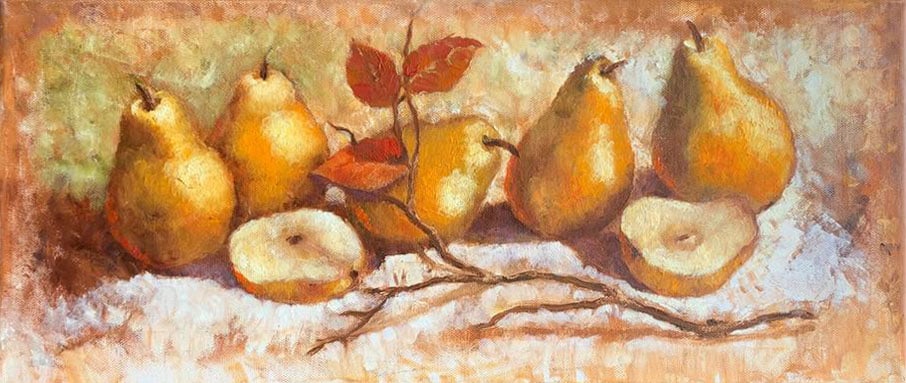 Oil painting Pears Maria Mitrick: Title: Oil painting Pears Maria Mitrick Description: 19MITR Painter: Maria Mitrick S?ze: 25x58 cm/ 9.8x22.8 inches Components: oil, canvas Original painting CONDITION: exellent ERA: 2021 ARTIST: Membe