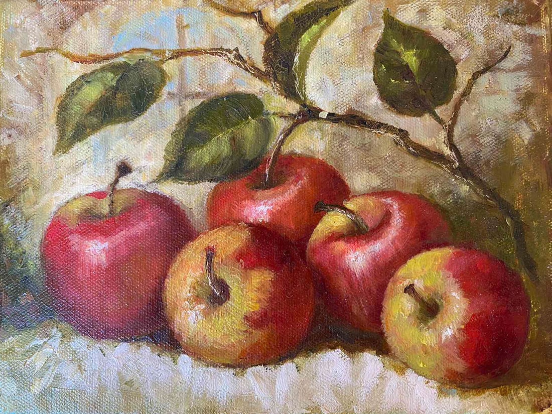 Oil painting apple brothers Maria Mitrick: Title: Oil painting apple brothers Maria Mitrick Description: 23MITR Painter: Maria Mitrick S?ze: 18x27 cm/ 7.08x10.62 inches Components: oil, canvas Original painting CONDITION: exellent ERA: ARTIST: